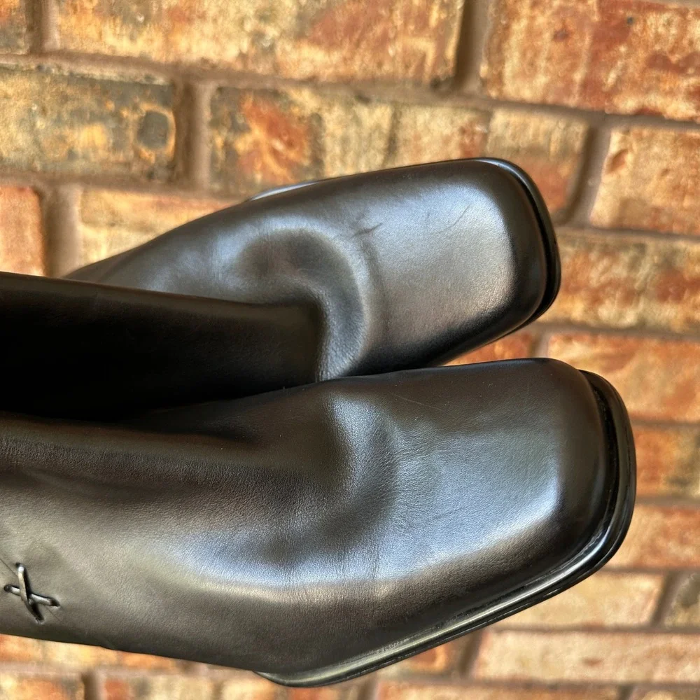 Black Leather Square Toe Block Heel Ankle Boots Size 10M Witchy 90s Classy